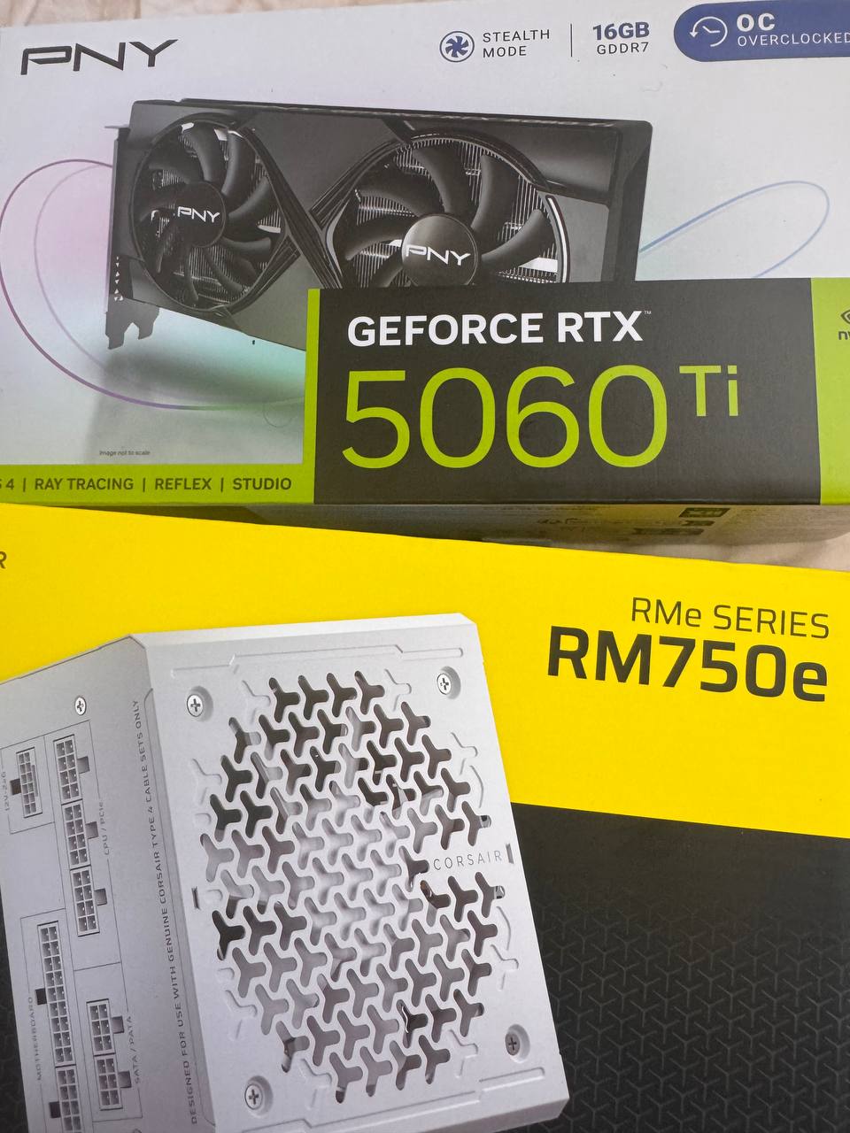 PNY RTX 5060 Ti 16GB GDDR7 and Corsair RM750e boxes