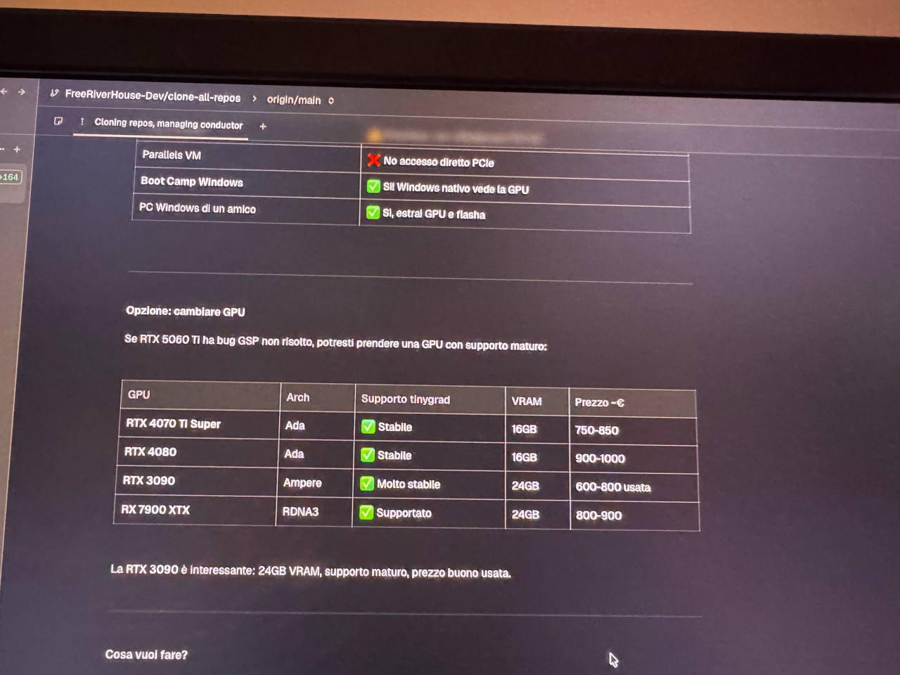 GPU comparison table showing options: RTX 4070 Ti Super, RTX 4080, RTX 3090, RX 7900 XTX