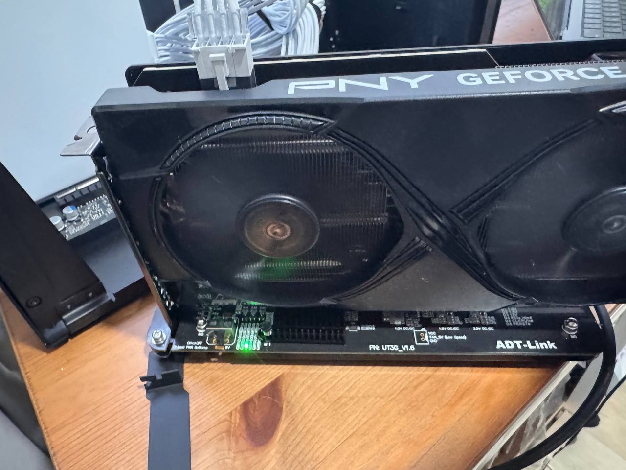 PNY GeForce RTX 5060 Ti front view with ADT-Link adapter