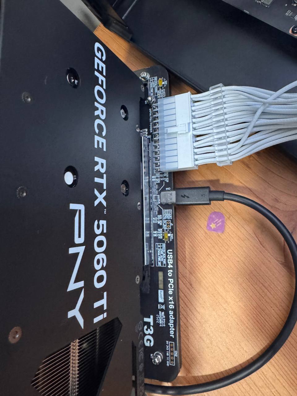 PNY RTX 5060 Ti connected to ADT-Link T3G USB4 to PCIe x16 adapter